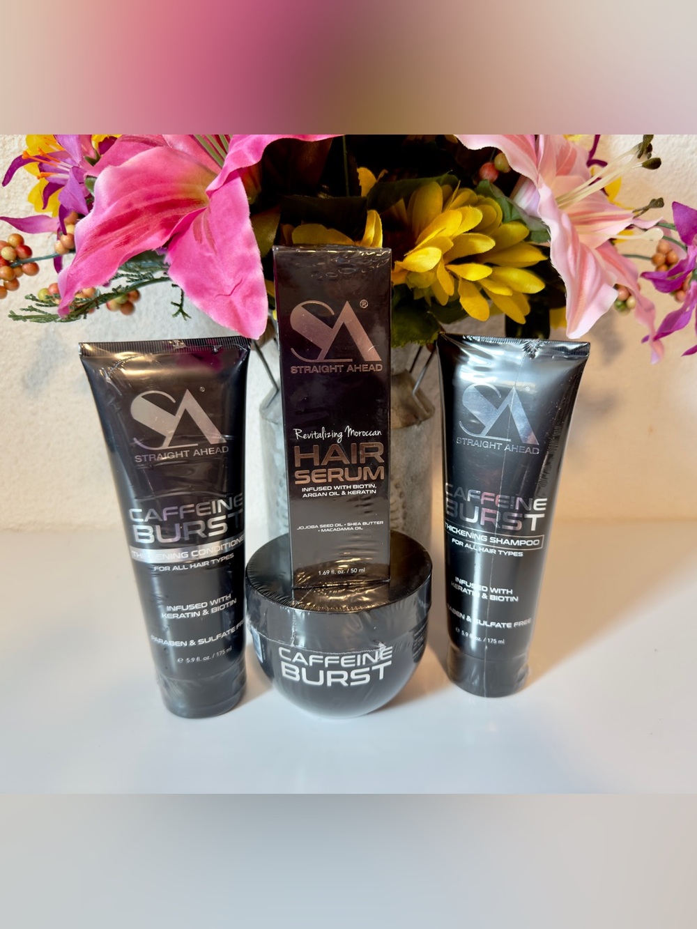 SA Caffeine Burst Hair Shampoo/Conditioner, Hair Mask, Moroccan Hair Serum.